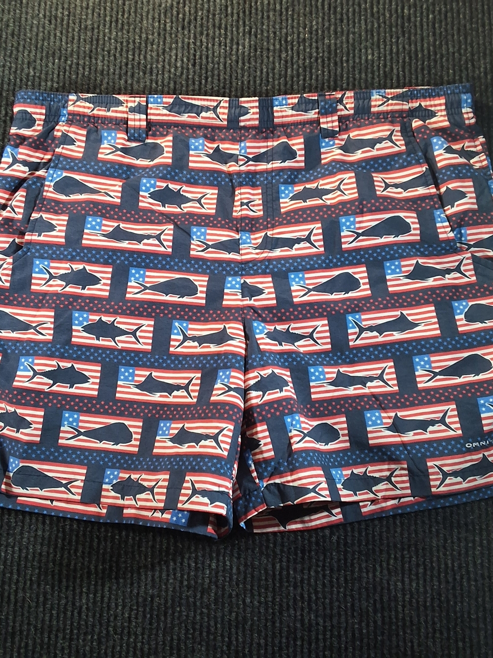Columbia Navy, Red and White Patriotic Shark Swim Trunks sz m